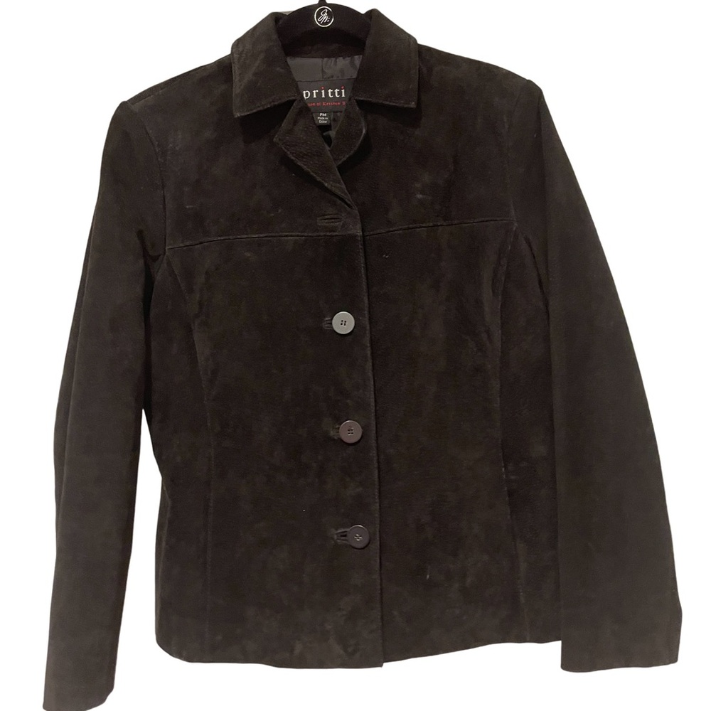 PRITTI PETITE MEDIUM NAVY SUEDE FULLY LINED JACKET, MACHINE WASHABLE, EX. COND.